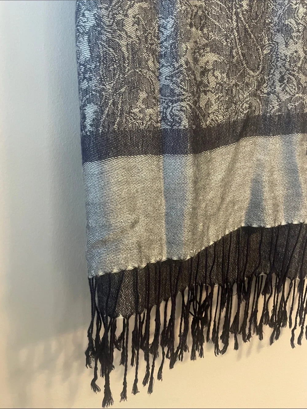 Paisley Pattern Fringe Scarf in Navy and Gray